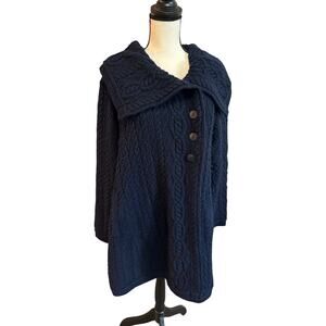 Women’s Aran Irish Wool Coatigan Sweater Jacket Navy Thick Knit Cardigan Large